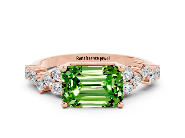 Rose gold Emerald Cut Peridot Scattered Round Accent Ring with Prong Setting