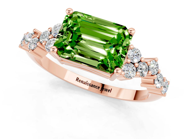 Rose gold Emerald Cut Peridot Scattered Round Accent Ring with Prong Setting