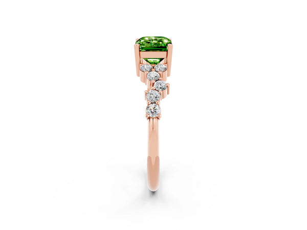 Rose gold Emerald Cut Peridot Scattered Round Accent Ring with Prong Setting