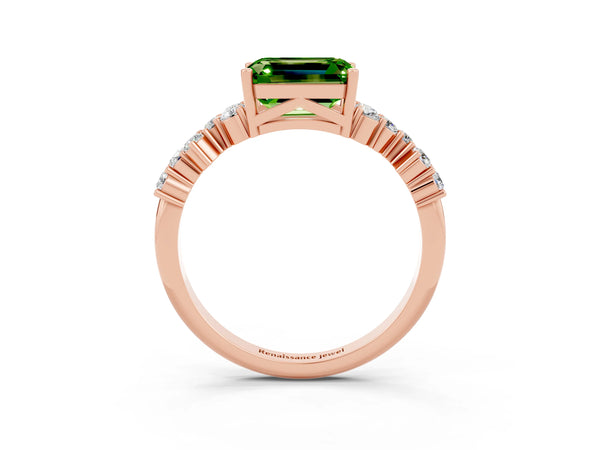 Rose gold Emerald Cut Peridot Scattered Round Accent Ring with Prong Setting