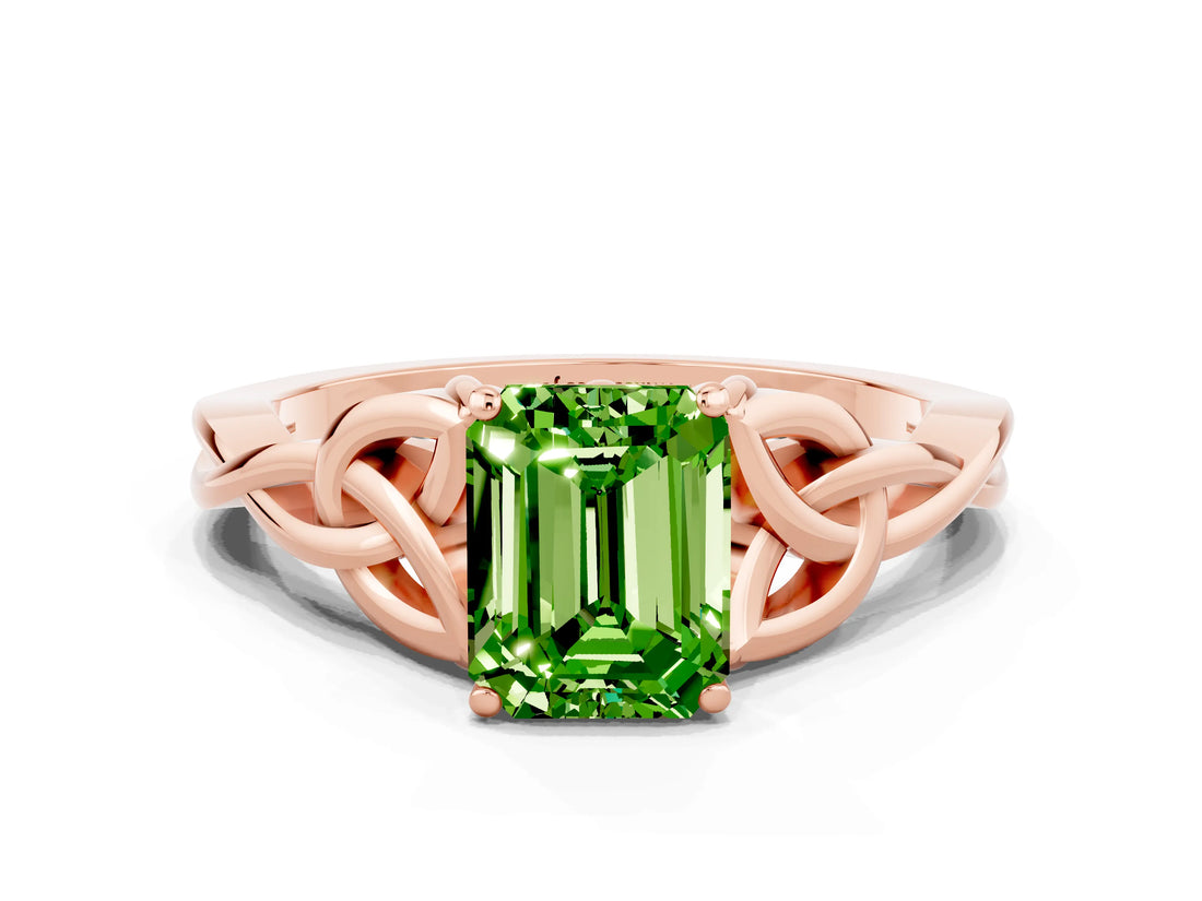 Rose gold Emerald Cut Peridot Solitaire Celtic Knot Ring with Four-Prong Setting_12