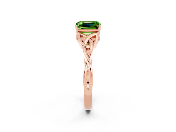 Rose gold Emerald Cut Peridot Solitaire Celtic Knot Ring with Four-Prong Setting