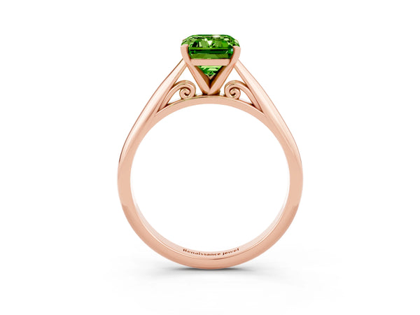 Rose gold Emerald Cut Peridot Solitaire Engagement Ring with Cathedral Setting and Four-Prong Mount