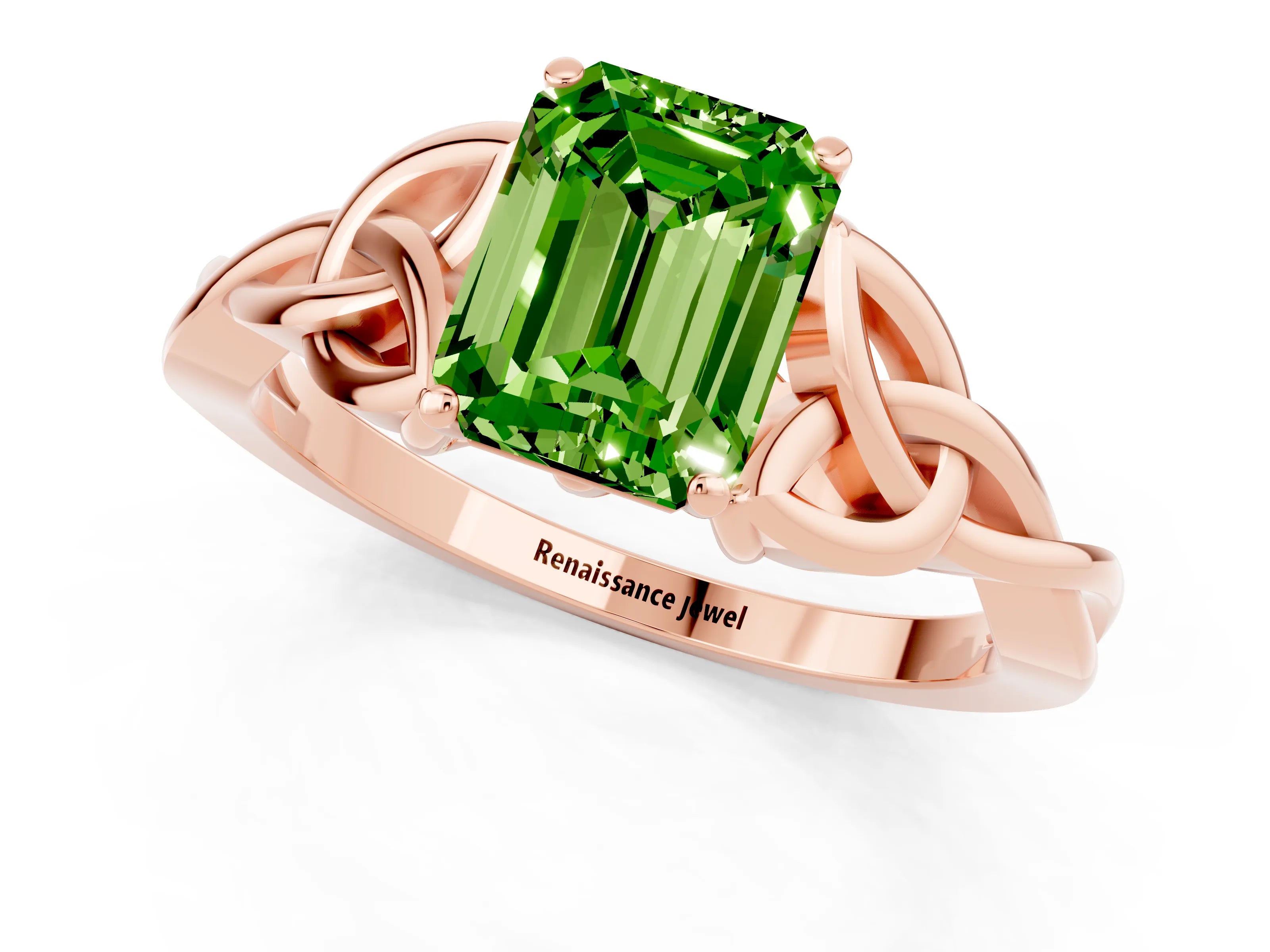 Rose gold Emerald Cut Peridot Solitaire Engagement Ring with Celtic Knot Band and Four-Prong Setting_1