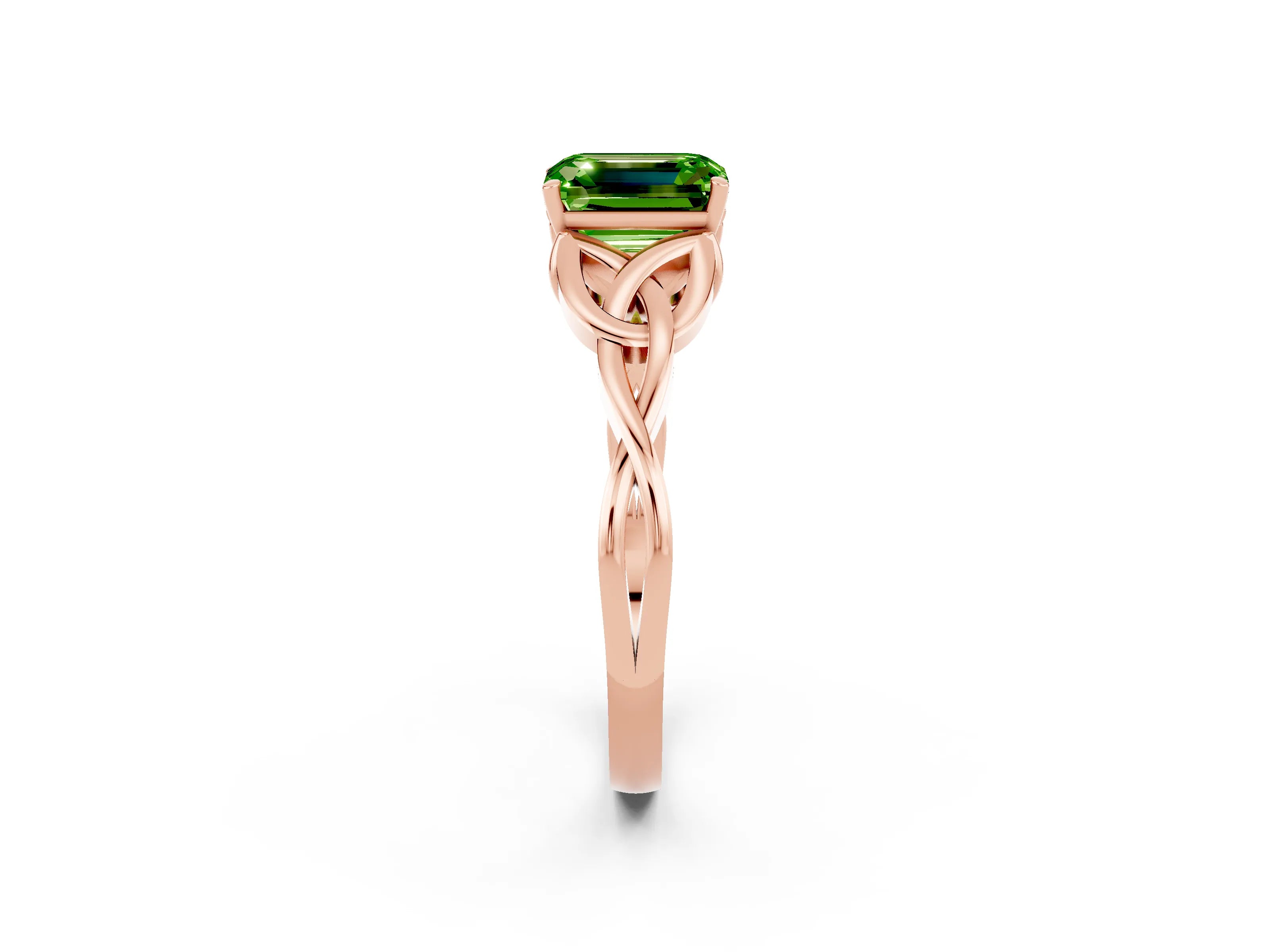 Rose gold Emerald Cut Peridot Solitaire Engagement Ring with Celtic Knot Band and Four-Prong Setting_2