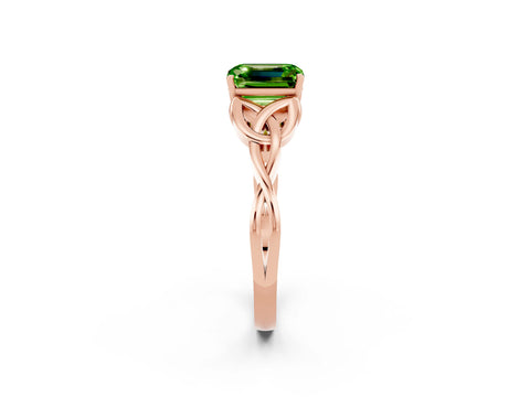 Rose gold Emerald Cut Peridot Solitaire Engagement Ring with Celtic Knot Band and Four-Prong Setting_2