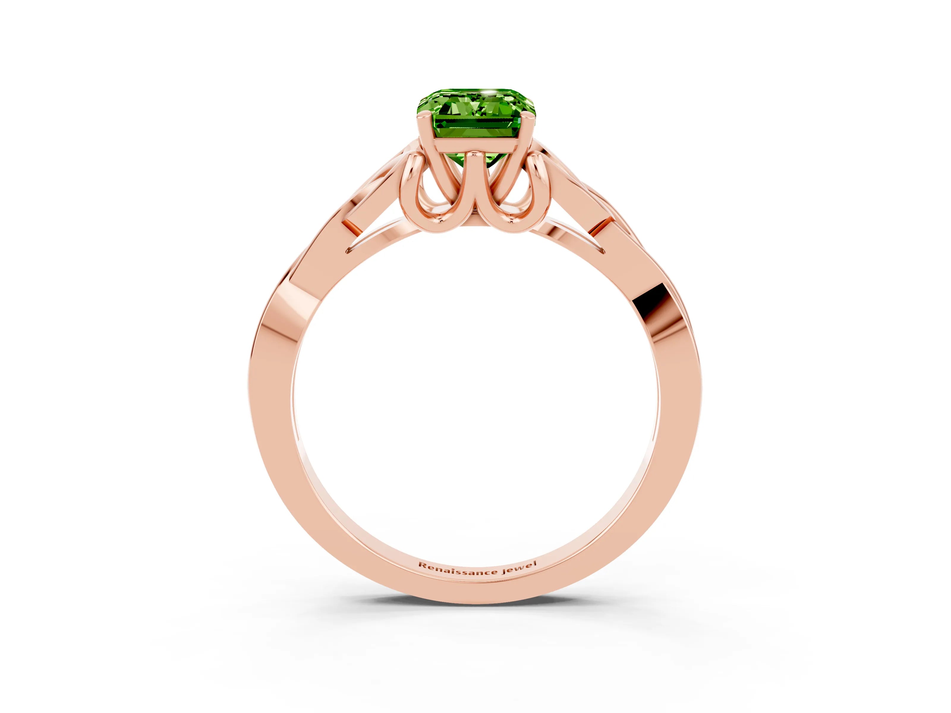 Rose gold Emerald Cut Peridot Solitaire Engagement Ring with Celtic Knot Band and Four-Prong Setting_3
