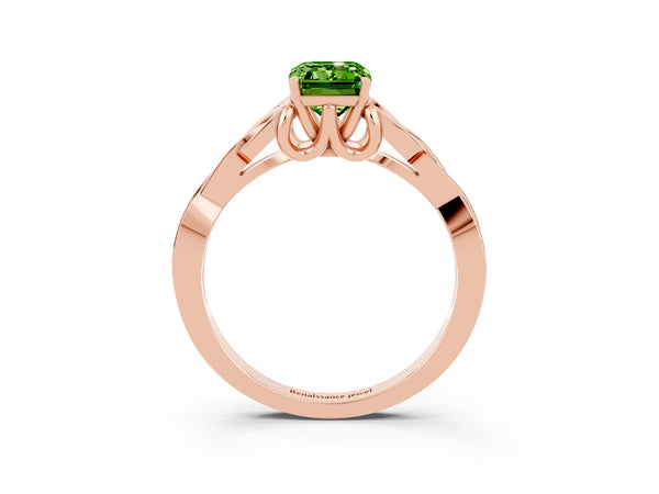 Rose gold Emerald Cut Peridot Solitaire Engagement Ring with Celtic Knot Band and Four-Prong Setting