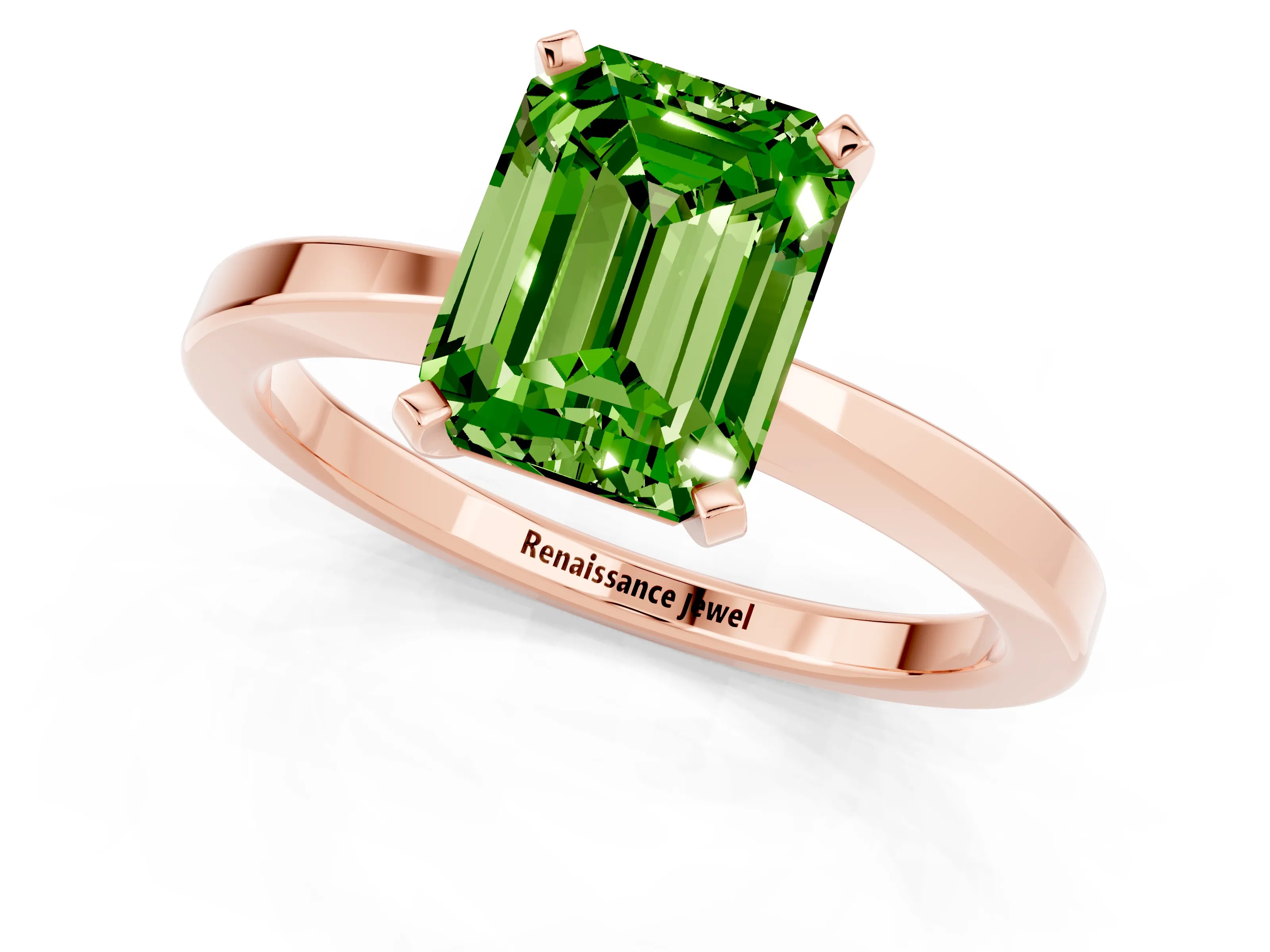 Rose gold Emerald Cut Peridot Solitaire Engagement Ring with Classic Band and Four-Prong Setting_25