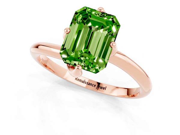Rose gold Emerald Cut Peridot Solitaire Engagement Ring with Four-Prong Setting and Classic Band
