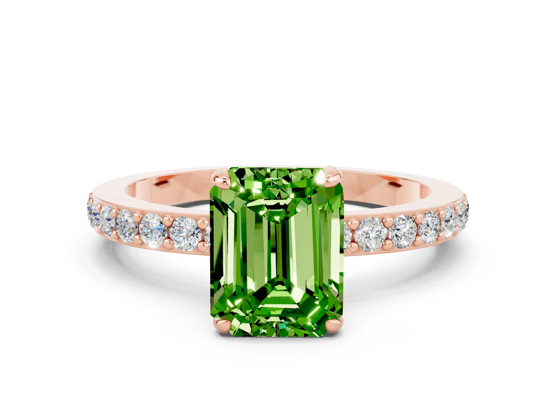Rose gold Emerald Cut Peridot Solitaire Engagement Ring with Pavé Band and Four-Prong Setting
