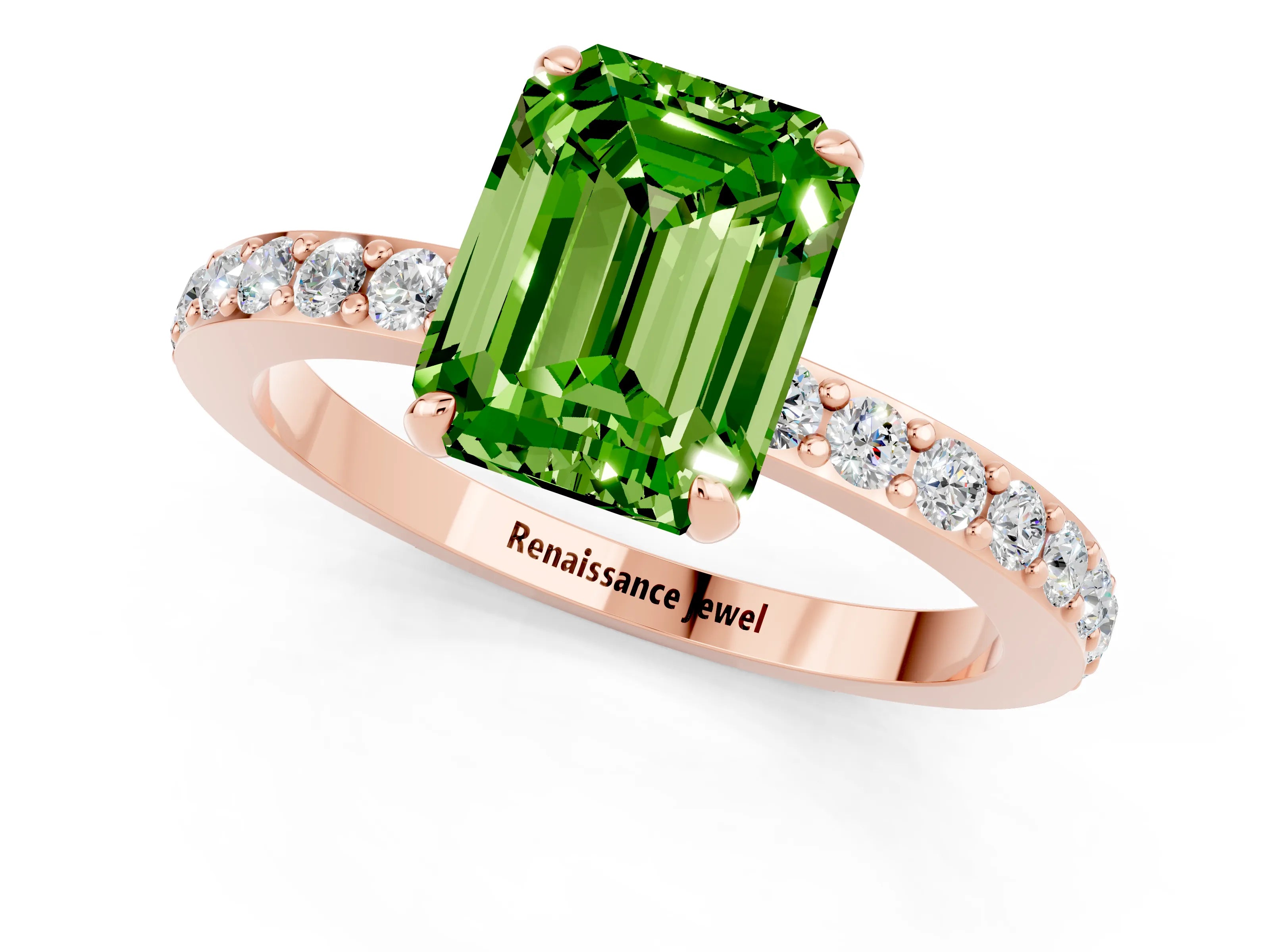 Rose gold Emerald Cut Peridot Solitaire Engagement Ring with Pavé Band and Four-Prong Setting_1