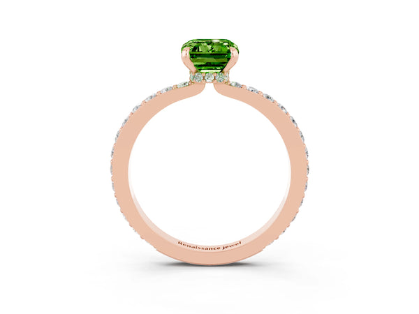 Rose gold Emerald Cut Peridot Solitaire Engagement Ring with Pavé Band and Four-Prong Setting