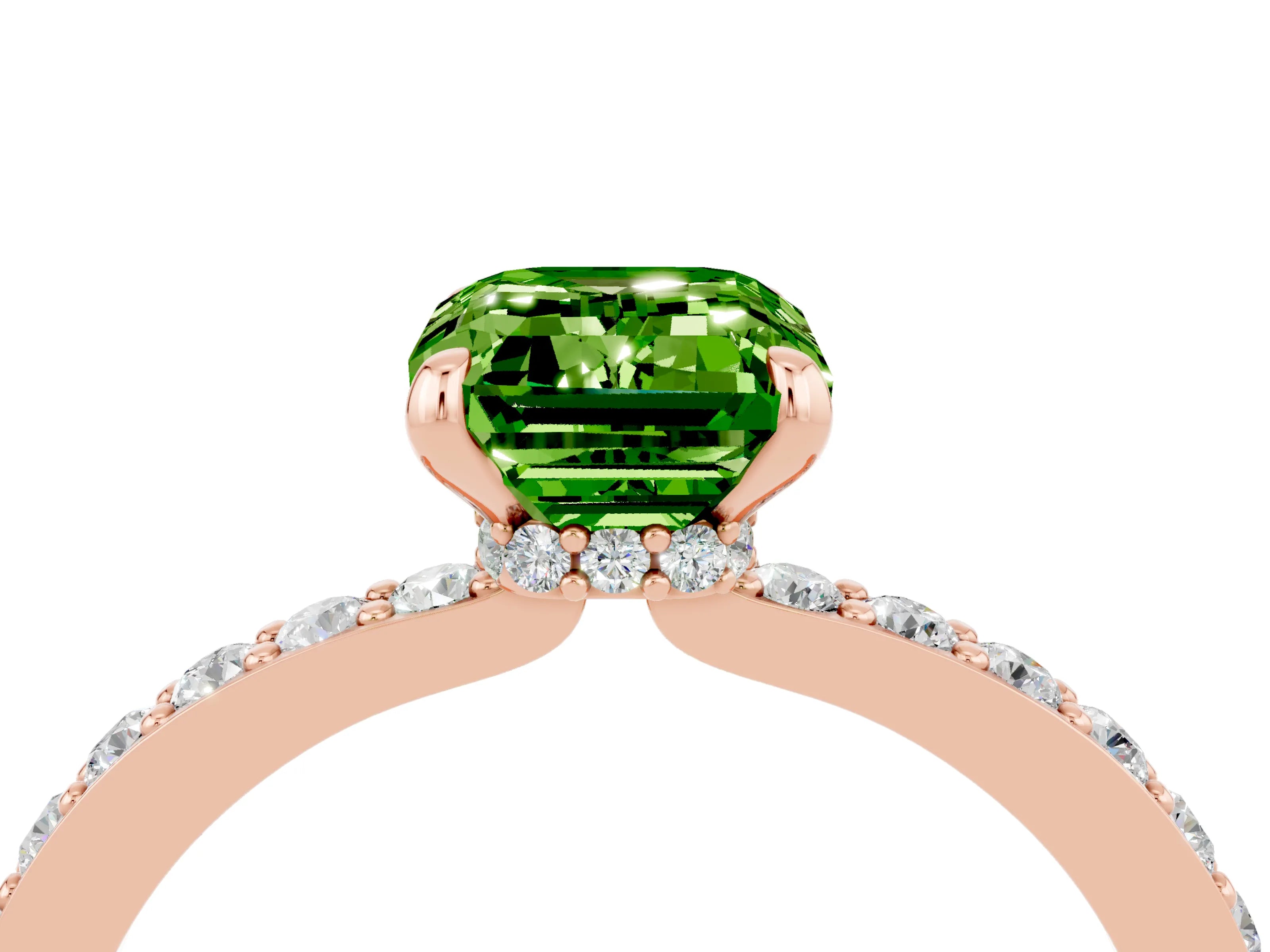 Rose gold Emerald Cut Peridot Solitaire Engagement Ring with Pavé Band and Four-Prong Setting_4