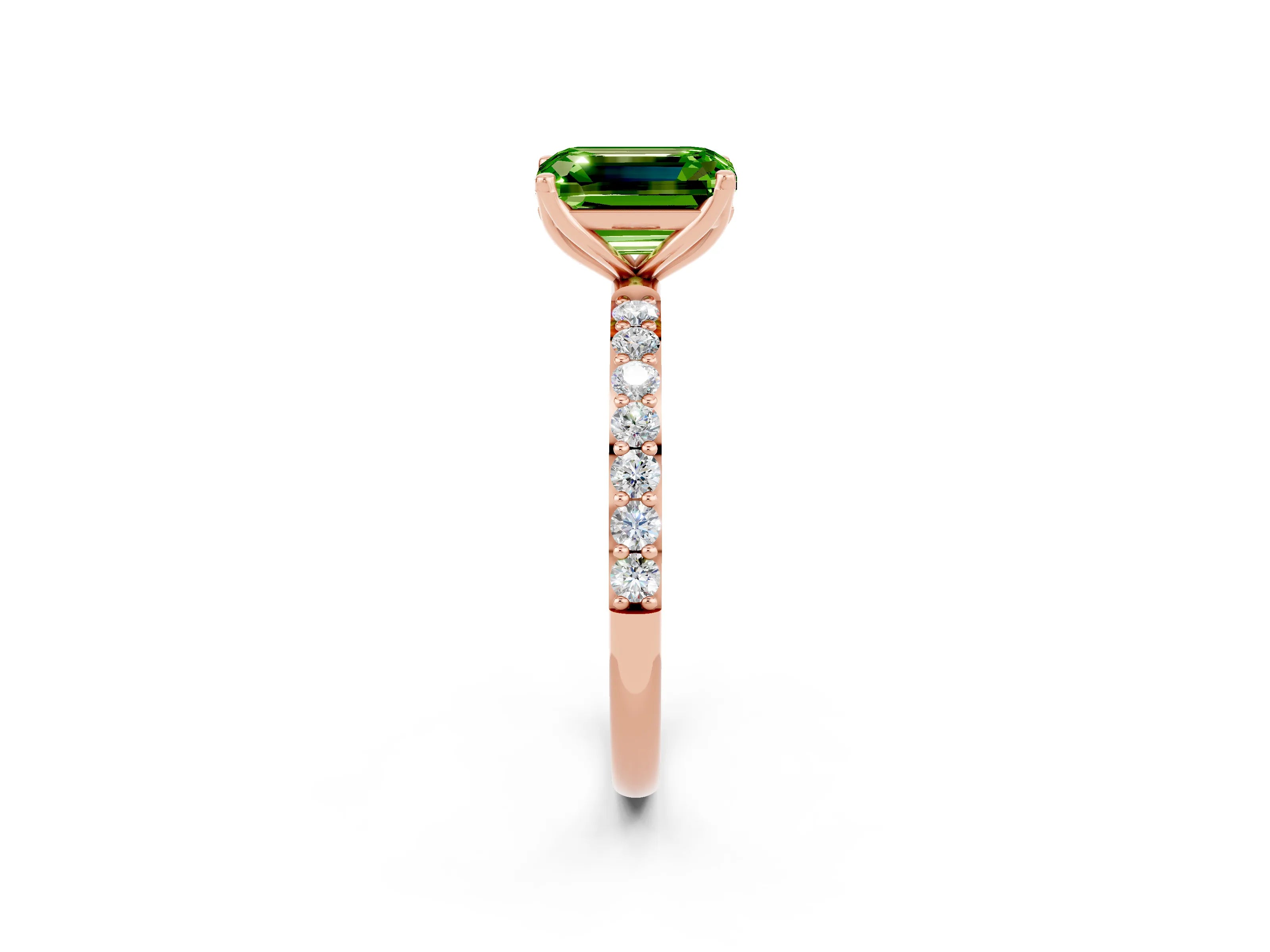 Rose gold Emerald Cut Peridot Solitaire Engagement Ring with Pavé Band and Prong Setting_2