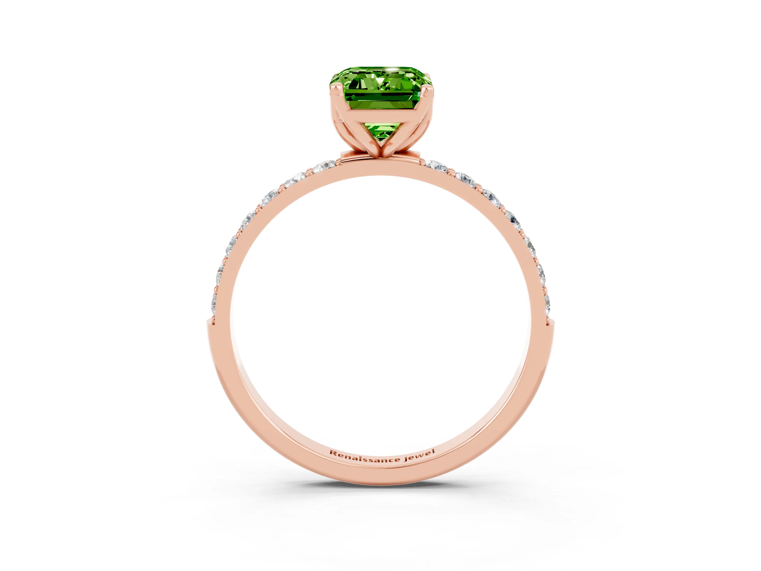 Rose gold Emerald Cut Peridot Solitaire Engagement Ring with Pavé Band and Prong Setting_3