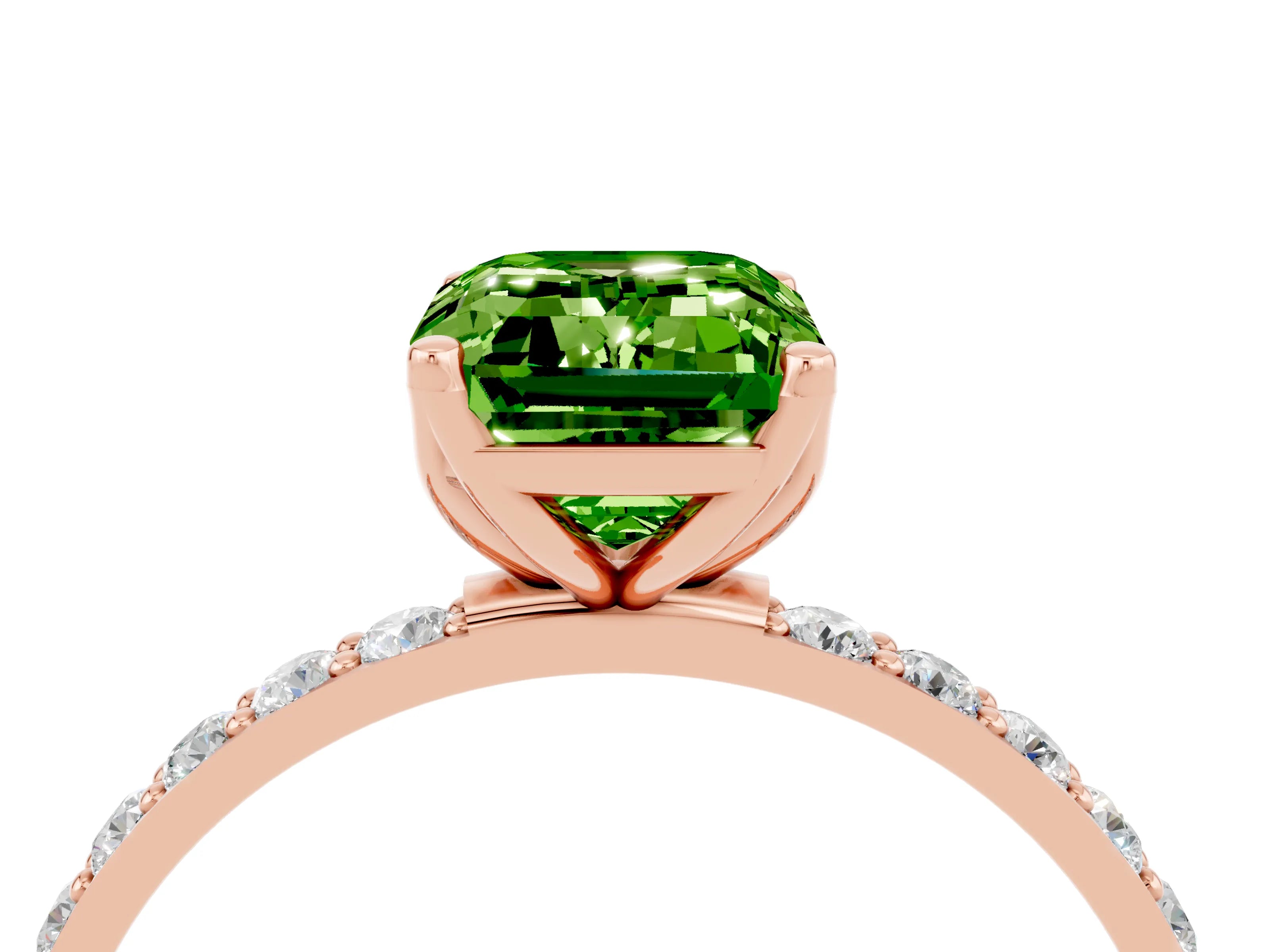 Rose gold Emerald Cut Peridot Solitaire Engagement Ring with Pavé Band and Prong Setting_4
