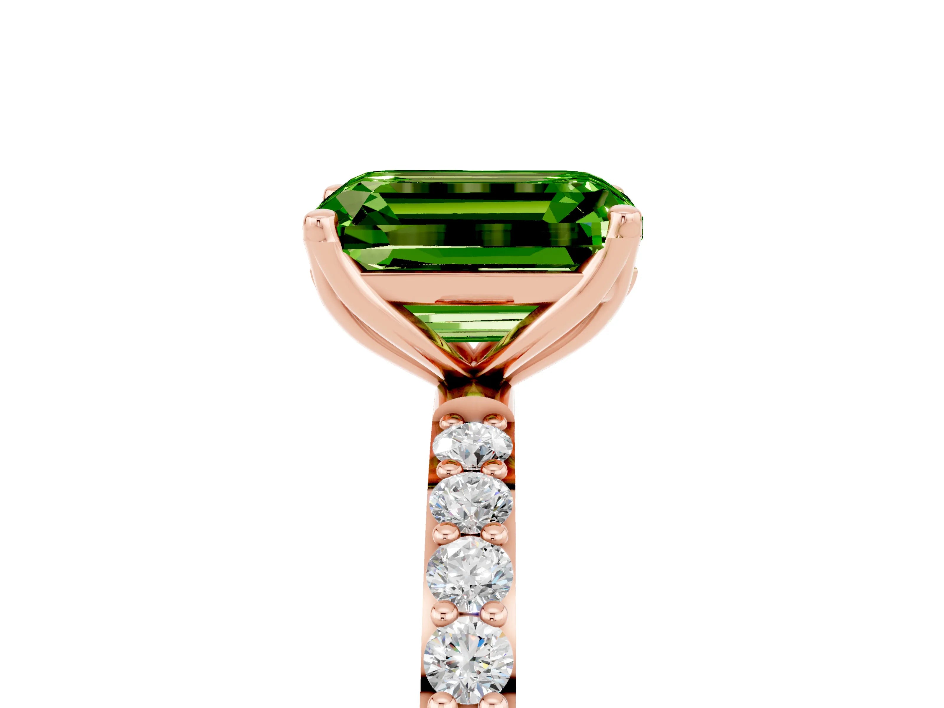 Rose gold Emerald Cut Peridot Solitaire Engagement Ring with Pavé Band and Prong Setting_5