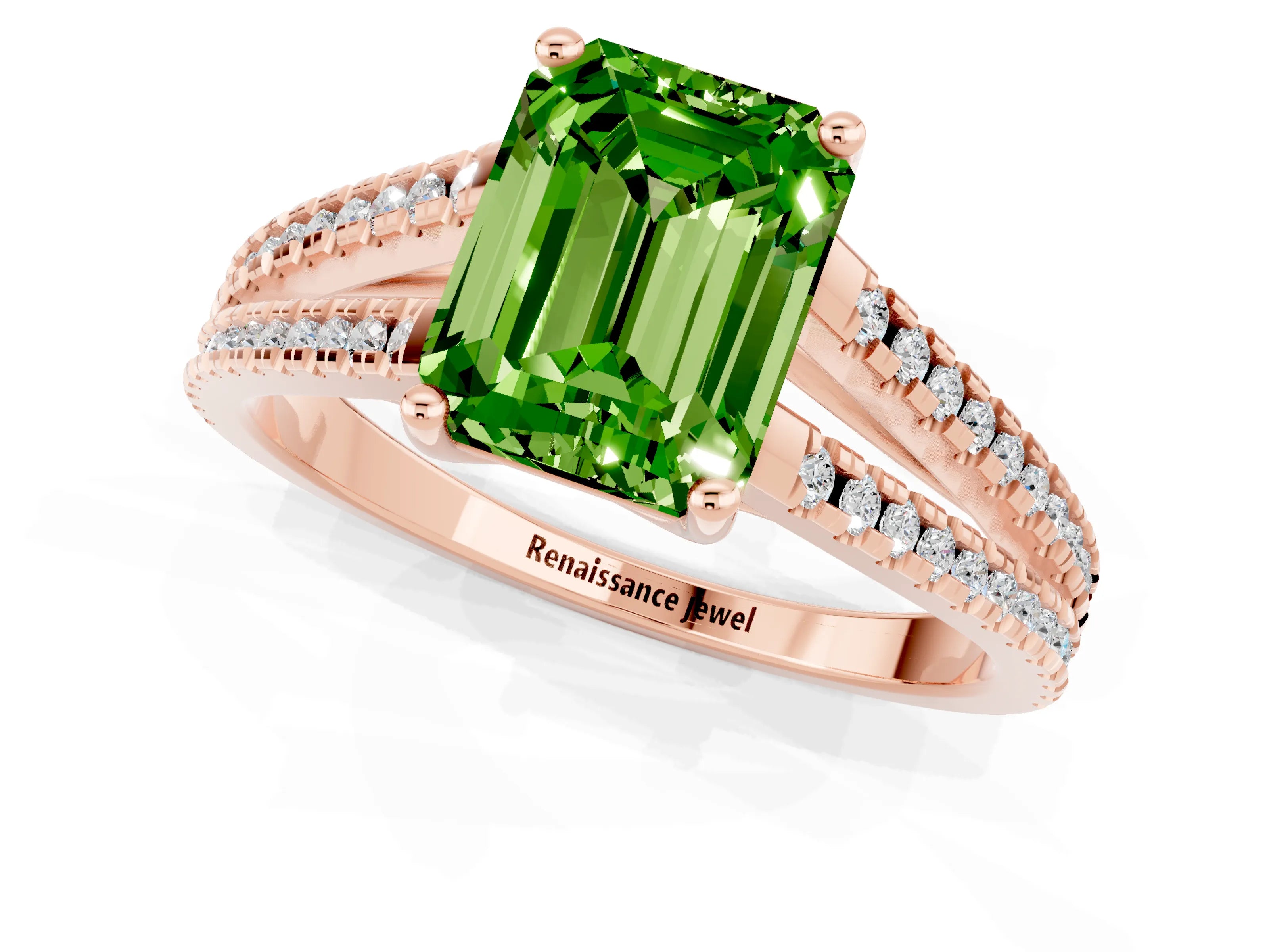 Rose gold Emerald Cut Peridot Solitaire Engagement Ring with Split Shank Pavé Band_1
