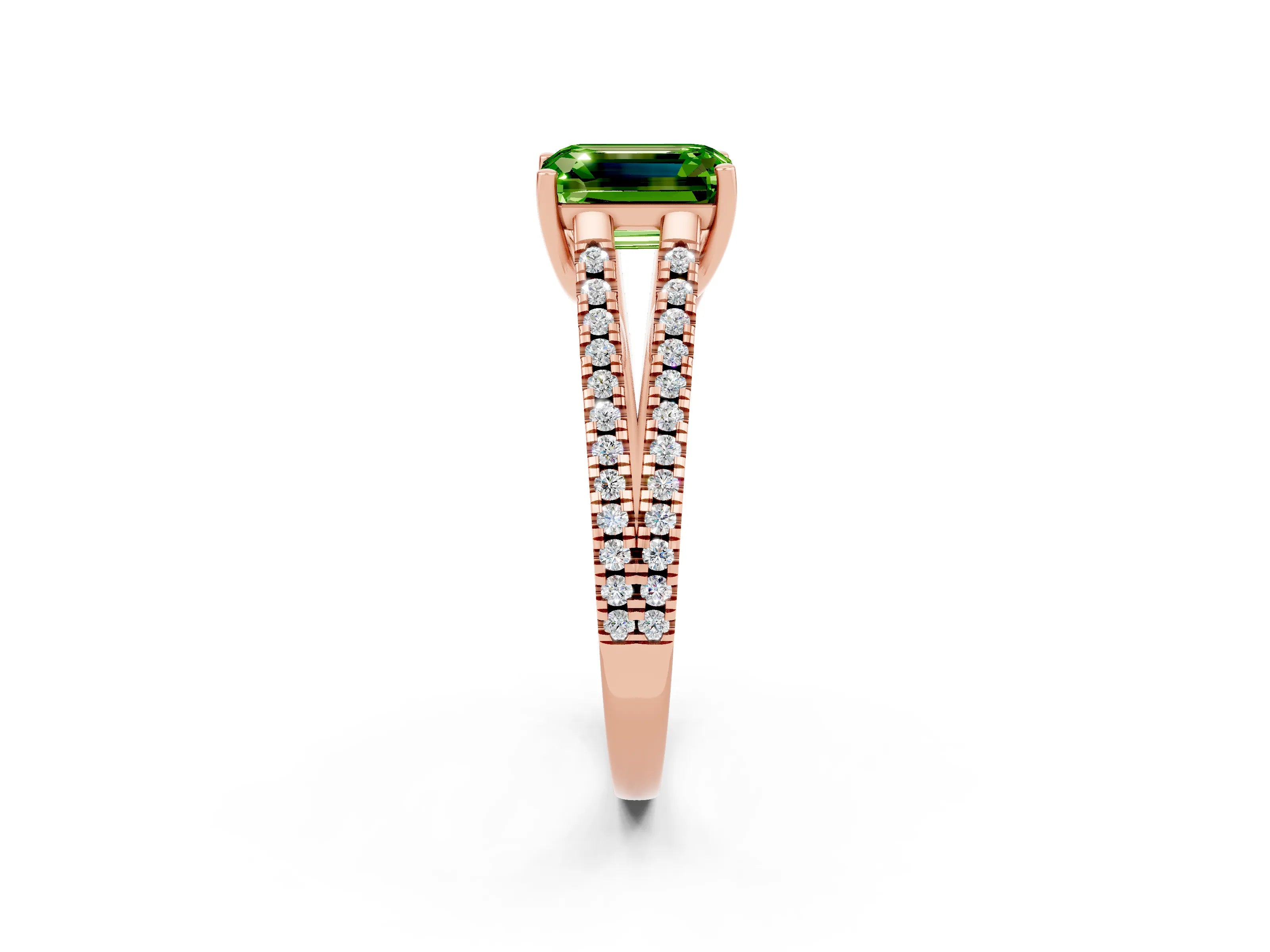 Rose gold Emerald Cut Peridot Solitaire Engagement Ring with Split Shank Pavé Band_2