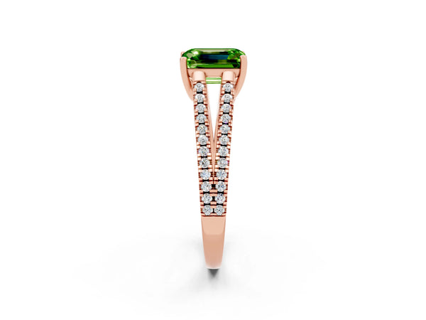 Rose gold Emerald Cut Peridot Solitaire Engagement Ring with Split Shank Pavé Band