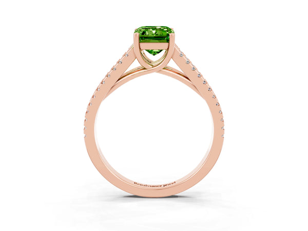 Rose gold Emerald Cut Peridot Solitaire Engagement Ring with Split Shank Pavé Band