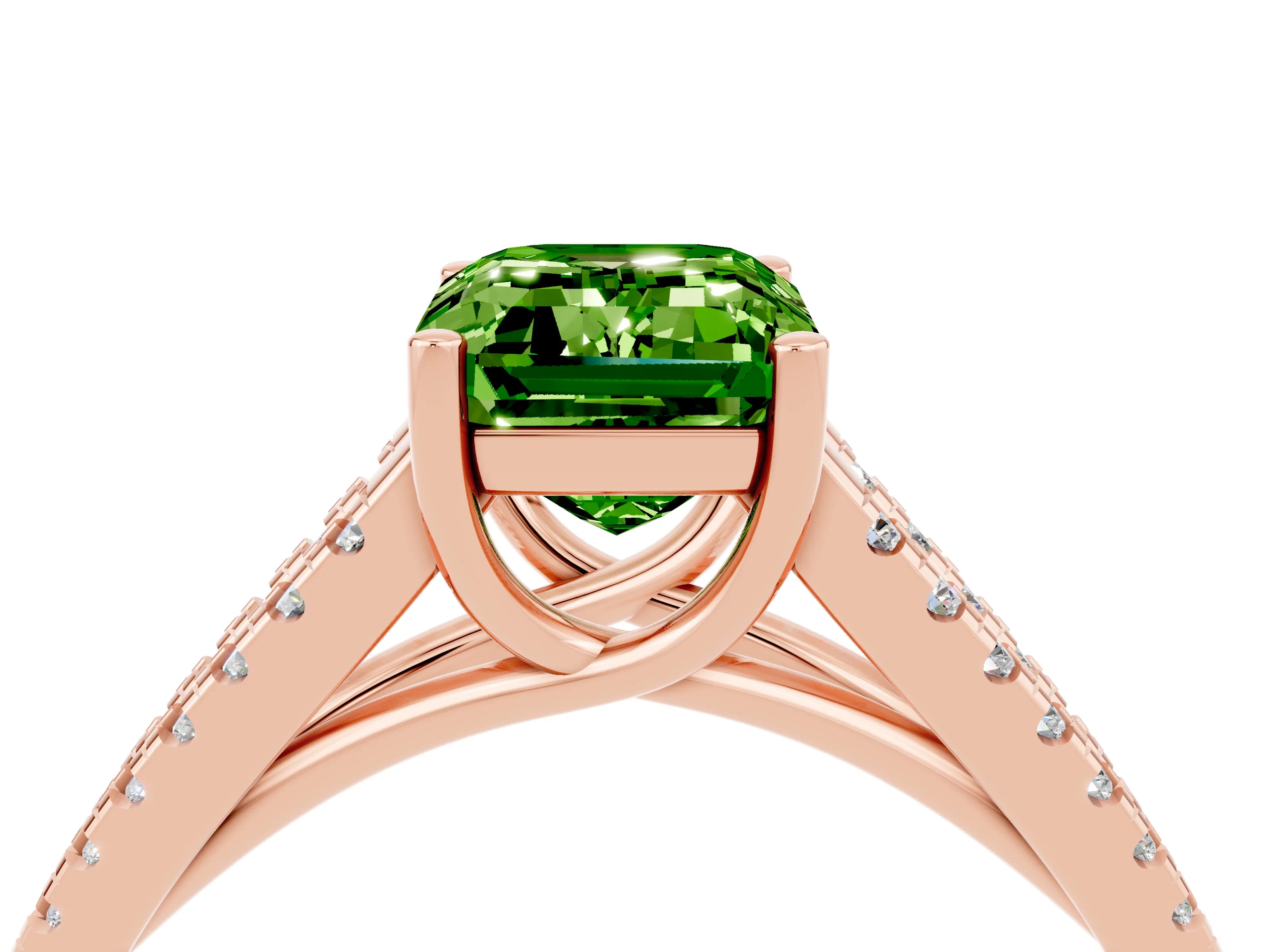 Rose gold Emerald Cut Peridot Solitaire Engagement Ring with Split Shank Pavé Band_4