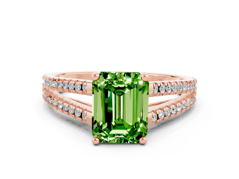 Rose gold Emerald Cut Peridot Solitaire Engagement Ring with Split Shank Pavé Band