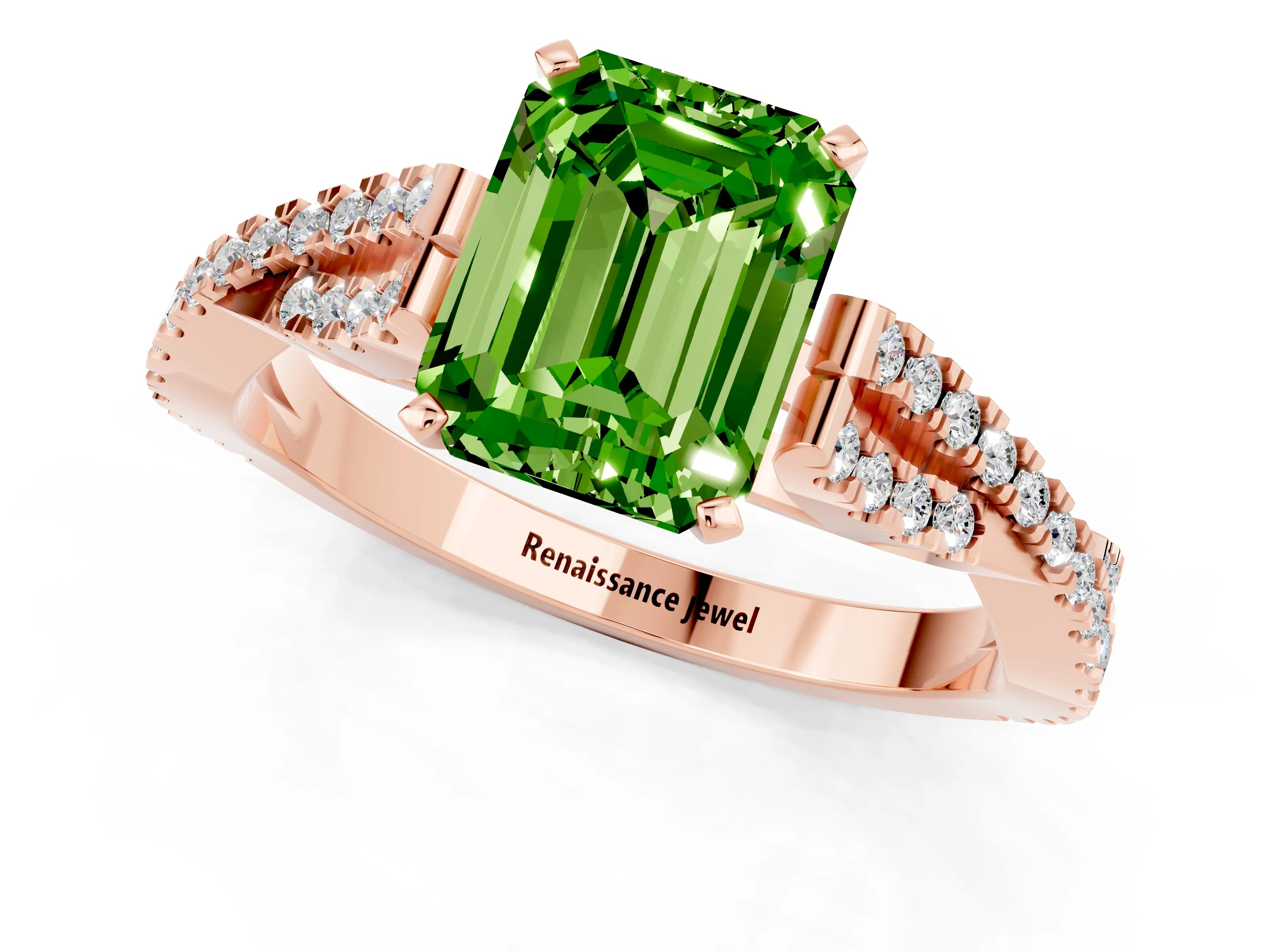 Rose gold Emerald Cut Peridot Solitaire Engagement Ring with Twisted Pavé Band and Four-Prong Setting_1