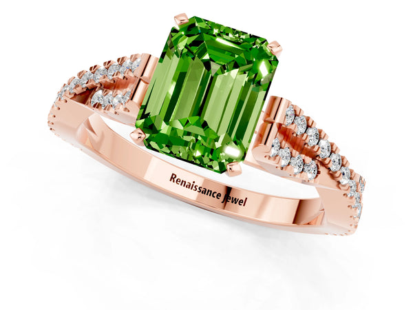 Rose gold Emerald Cut Peridot Solitaire Engagement Ring with Twisted Pavé Band and Four-Prong Setting