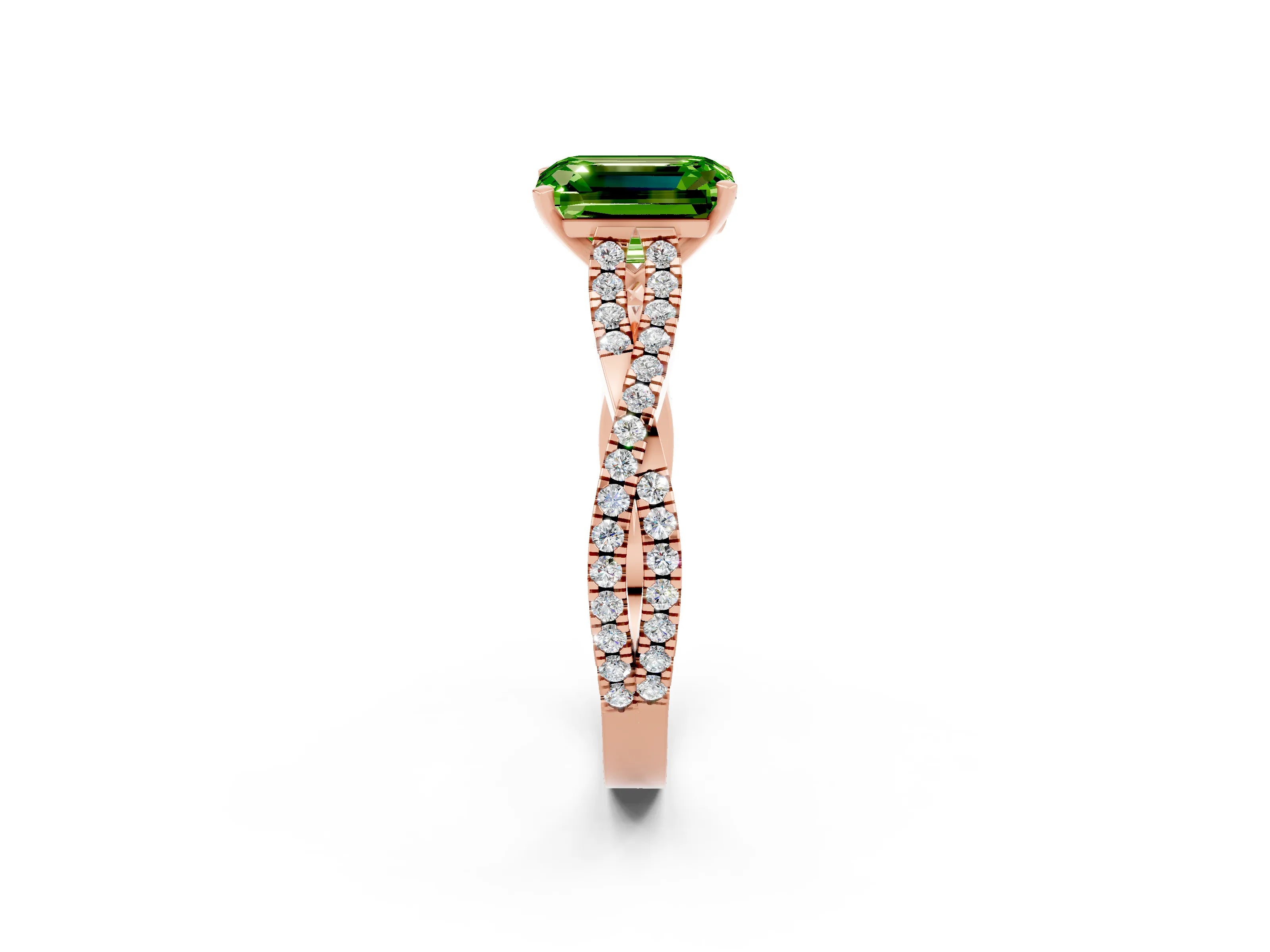 Rose gold Emerald Cut Peridot Solitaire Engagement Ring with Twisted Pavé Band and Four-Prong Setting_2