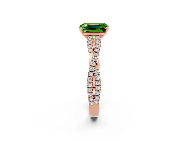 Rose gold Emerald Cut Peridot Solitaire Engagement Ring with Twisted Pavé Band and Four-Prong Setting