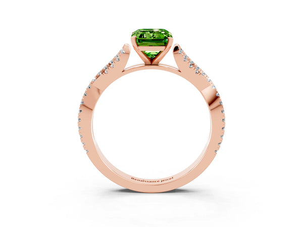 Rose gold Emerald Cut Peridot Solitaire Engagement Ring with Twisted Pavé Band and Four-Prong Setting