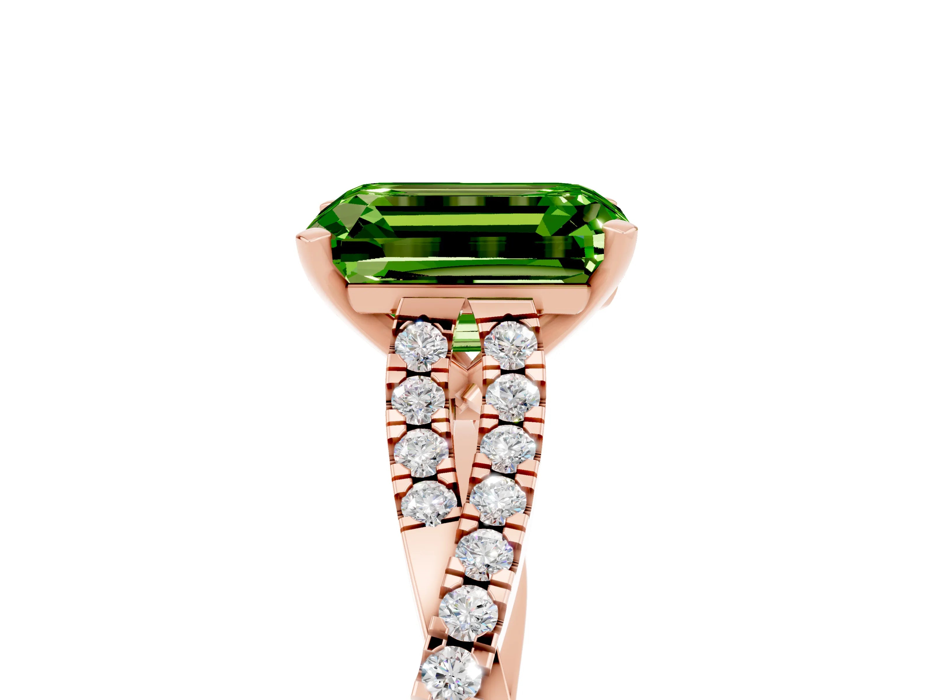 Rose gold Emerald Cut Peridot Solitaire Engagement Ring with Twisted Pavé Band and Four-Prong Setting_5