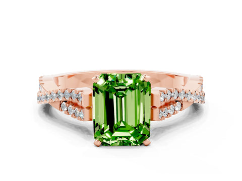 Rose gold Emerald Cut Peridot Solitaire Engagement Ring with Twisted Pavé Band and Four-Prong Setting