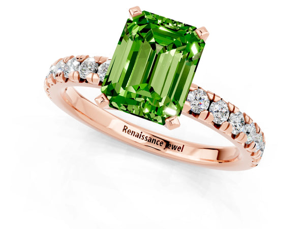 Rose gold Emerald Cut Peridot Solitaire Pavé Engagement Ring with Round Band and Prong Setting