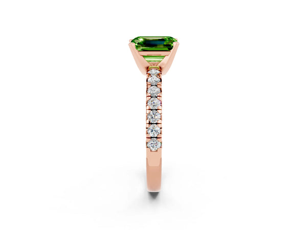 Rose gold Emerald Cut Peridot Solitaire Pavé Engagement Ring with Round Band and Prong Setting