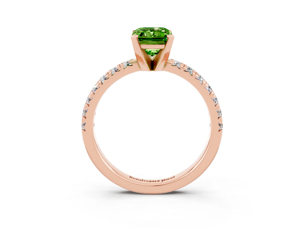 Rose gold Emerald Cut Peridot Solitaire Pavé Engagement Ring with Round Band and Prong Setting