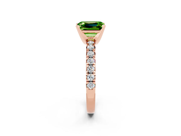Rose gold Emerald Cut Peridot Solitaire Pavé Engagement Ring with Round Band and Prong Setting