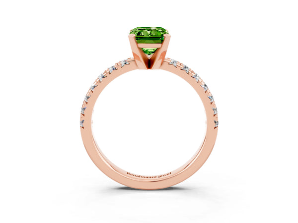 Rose gold Emerald Cut Peridot Solitaire Pavé Engagement Ring with Round Band and Prong Setting