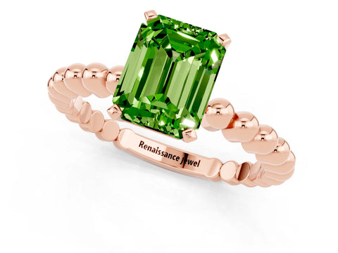 Rose gold Emerald Cut Peridot Solitaire Ring with Beaded Band and Prong Setting_1