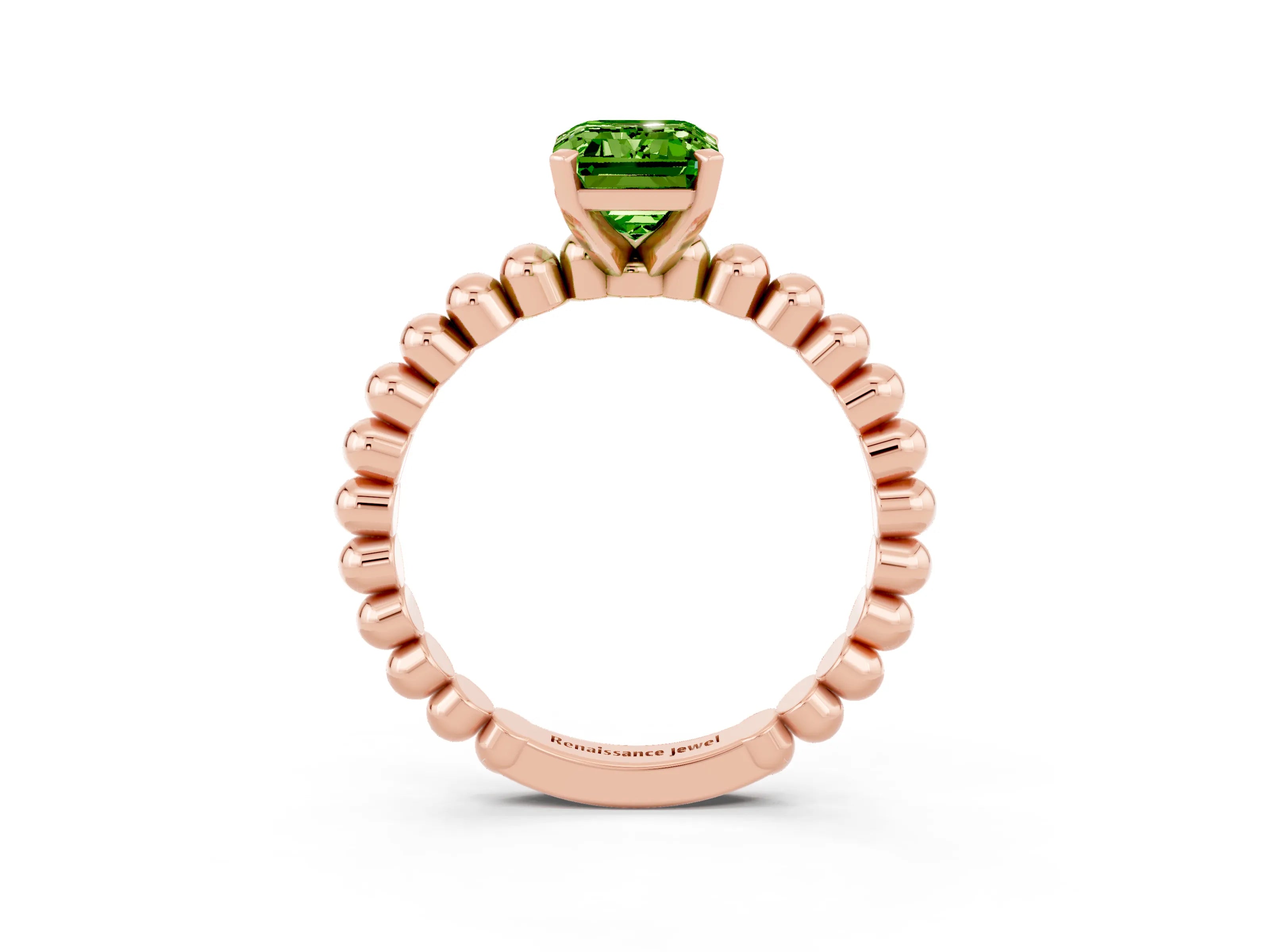 Rose gold Emerald Cut Peridot Solitaire Ring with Beaded Band and Prong Setting_3