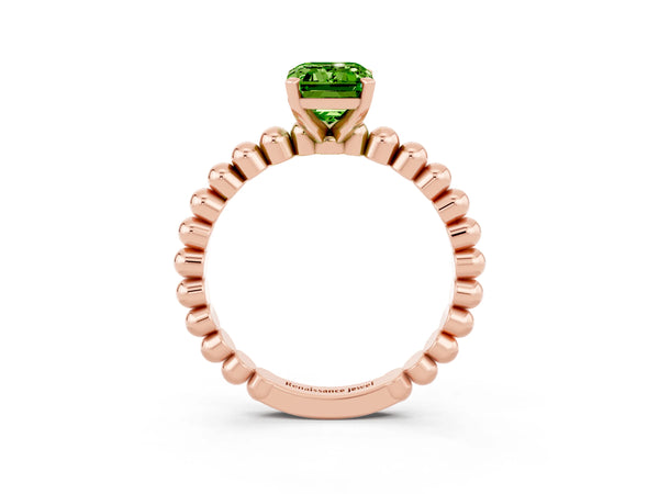 Rose gold Emerald Cut Peridot Solitaire Ring with Beaded Band and Prong Setting