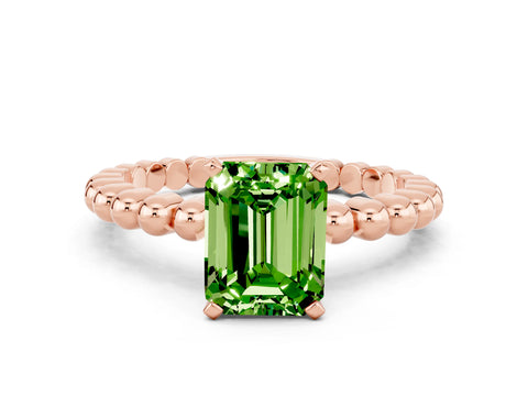 Rose gold Emerald Cut Peridot Solitaire Ring with Beaded Band and Prong Setting