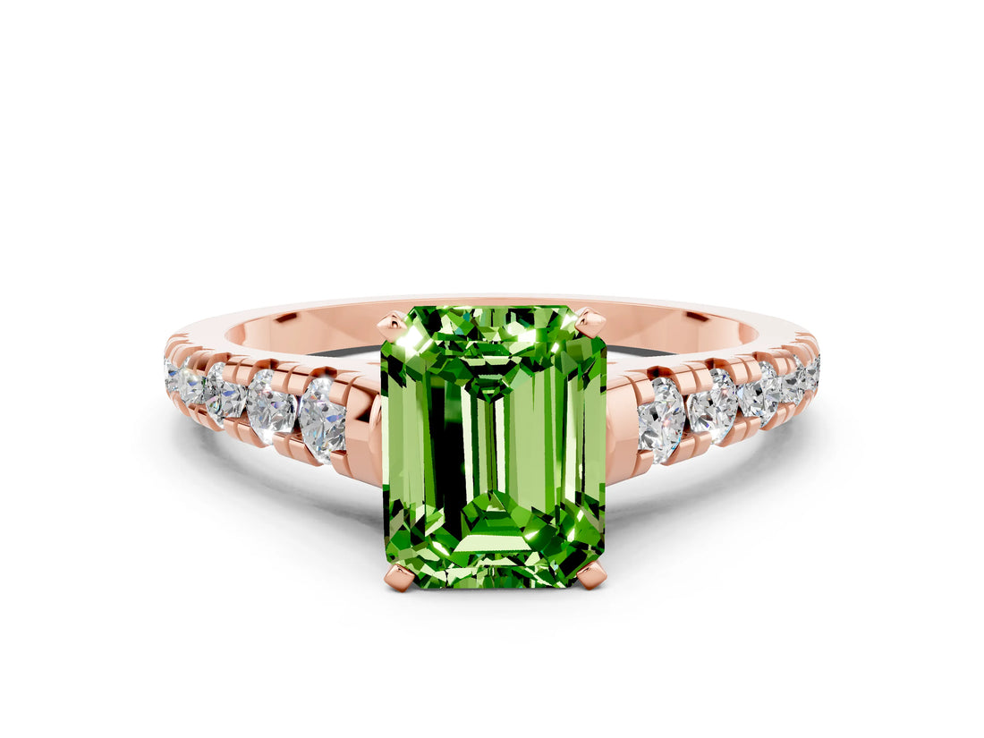 Rose gold Emerald Cut Peridot Solitaire Ring with Cathedral Setting and Pavé Band