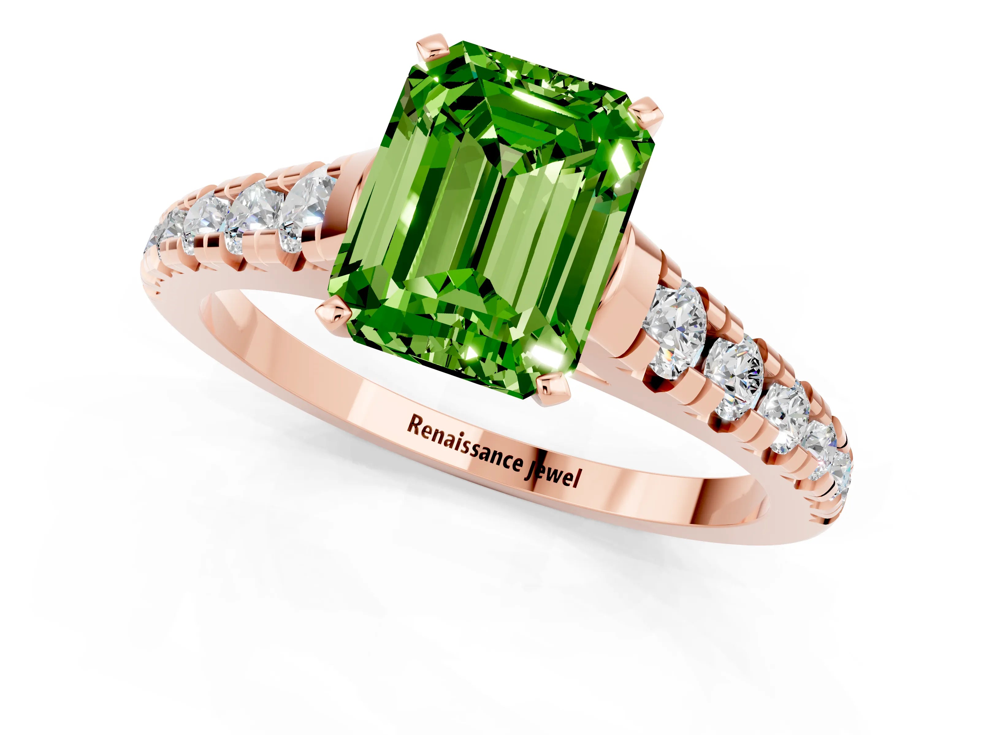 Rose gold Emerald Cut Peridot Solitaire Ring with Cathedral Setting and Pavé Band_1