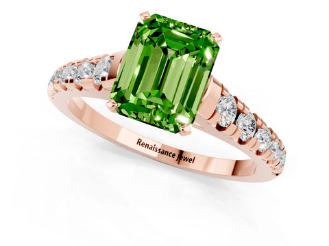 Rose gold Emerald Cut Peridot Solitaire Ring with Cathedral Setting and Pavé Band_1