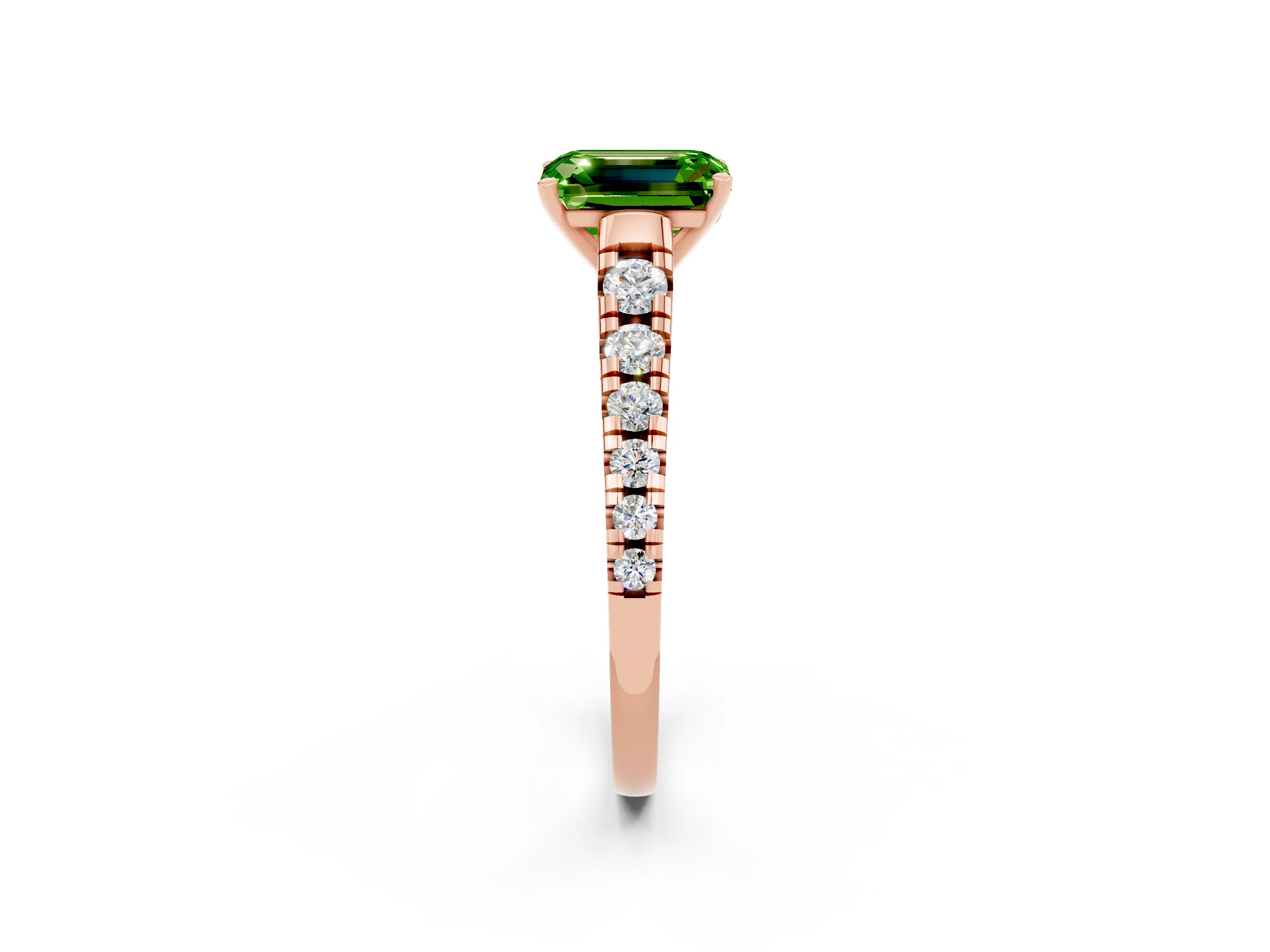 Rose gold Emerald Cut Peridot Solitaire Ring with Cathedral Setting and Pavé Band_2