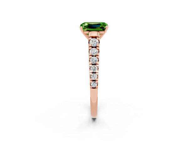 Rose gold Emerald Cut Peridot Cathedral Solitaire Ring with Round  Pavé Band