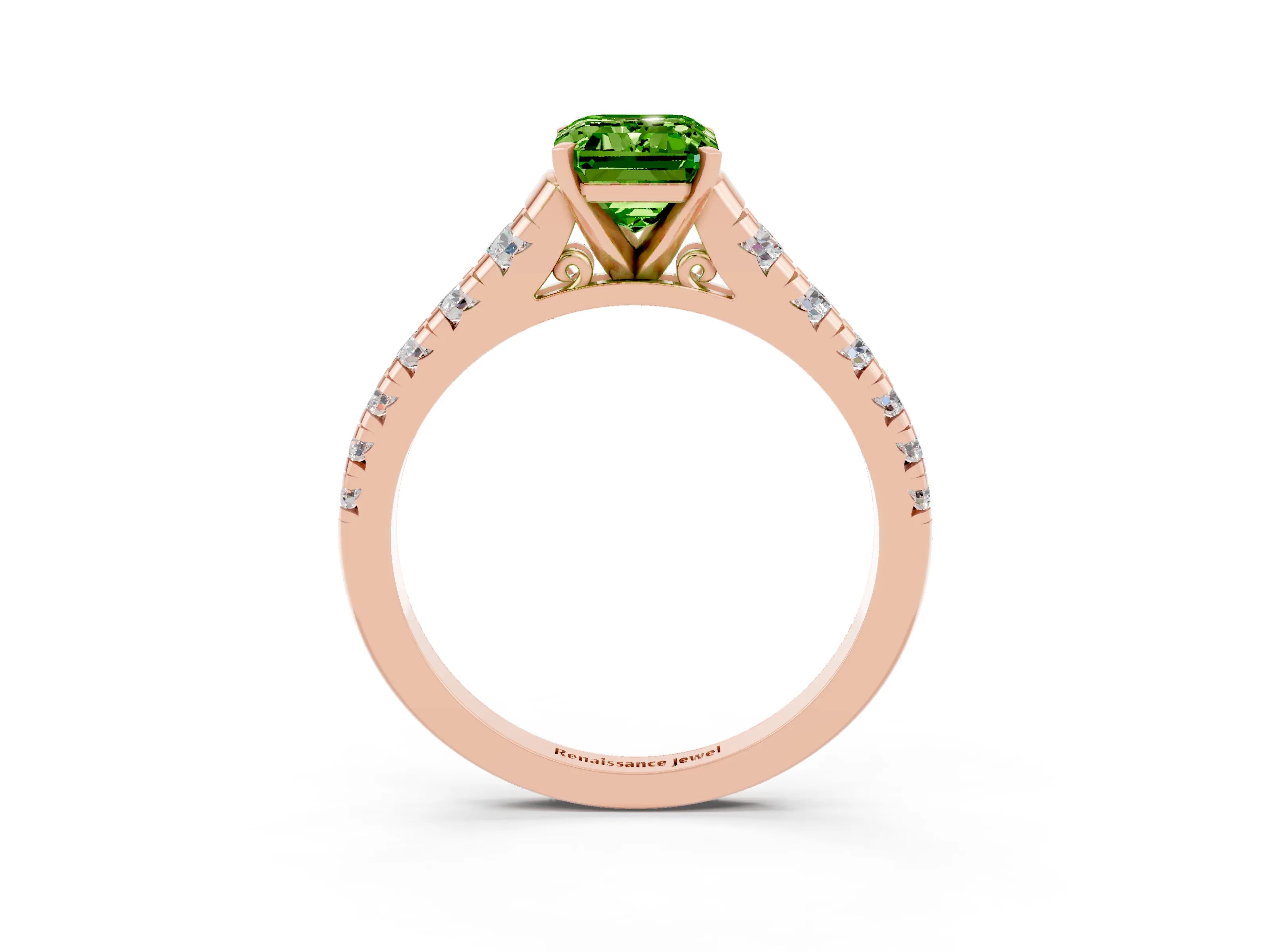 Rose gold Emerald Cut Peridot Solitaire Ring with Cathedral Setting and Pavé Band_3